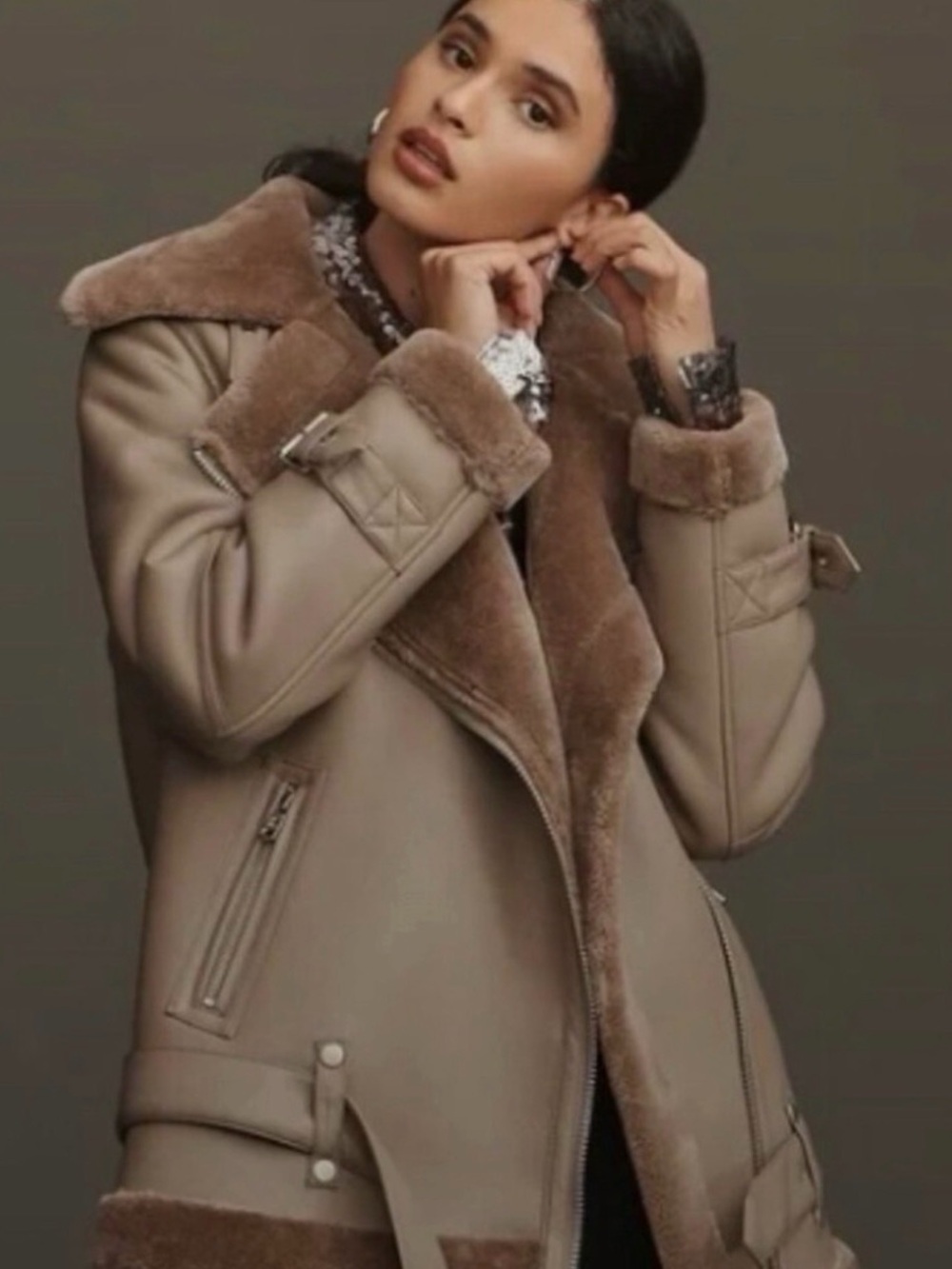 NWT Anthropologie Taupe Shearling-Lined Aviator Jacket - Women's Coat